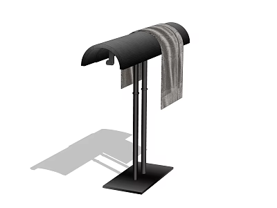 Black Coat Rack With Curved Top Two Upright Poles Square Base And Gray Towel Hanging 3d model