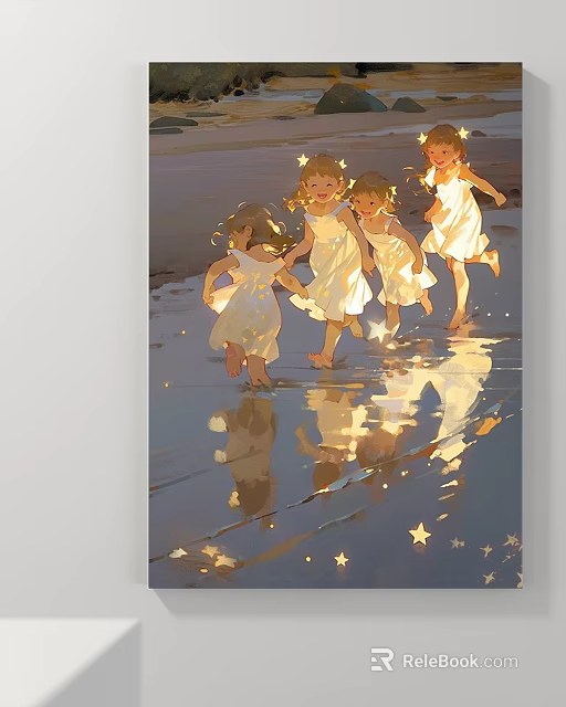 Abstract Painting Of Running Girls On Beach With Stars And Warm Light Reflections 3d model 
