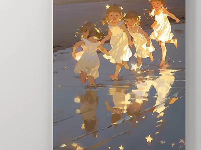 Abstract Painting Of Running Girls On Beach With Stars And Warm Light Reflections 3d model