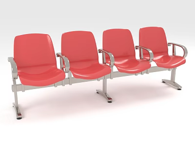 Red Public Seating with Four Connected Chairs and Metal Frame Armrests 3d model