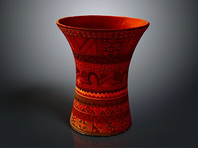 Red Carved Vase Sculpture With Intricate Geometric And Traditional Pattern Designs 3d model