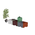 Colorful Geometric Shaped Stools with Modern Design on Marble Floor and Green Plant