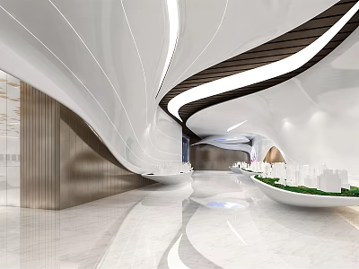 Modern Interior Space Design With Curved White Lines Wooden Walls Sleek Floor And Green Plants 3d model