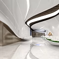 Modern Interior Space Design With Curved White Lines Wooden Walls Sleek Floor And Green Plants
