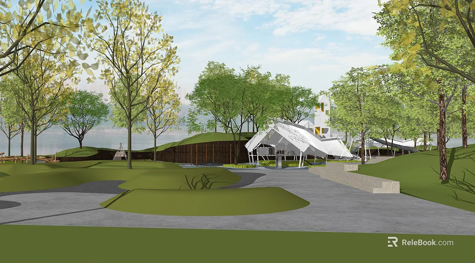 Scenic Park Landscape With Green Trees Lawns And White Canopy Structures 3d model
