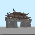 Ancient Chinese Architecture Gateway With Curved Eaves Wooden Structure And Stone Base