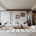 Quiet Ancient Style Living Room Sofa Background Wall Sofa Coffee Table Combination Decorative Painting Single Person Sofa 3d model