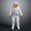 Man Wearing Full White Astronaut Spacesuit with Yellow Visor Helmet Standing