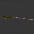 Traditional Weapon With Sharp Curved Blade Red Green Handle And Metallic Chain