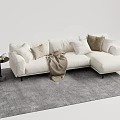 White Sectional Sofa With Multiple Cushions Throw Blanket And Side Table On Gray Rug 3d model