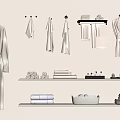Premium Soft Bathroom Towels Hanging On Wall And Folded On Shelves With Bathrobes And Toiletries