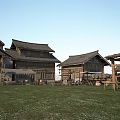 Group of Traditional Ancient Buildings With Sloped Gray Roofs Wooden Frames And Grassland Area