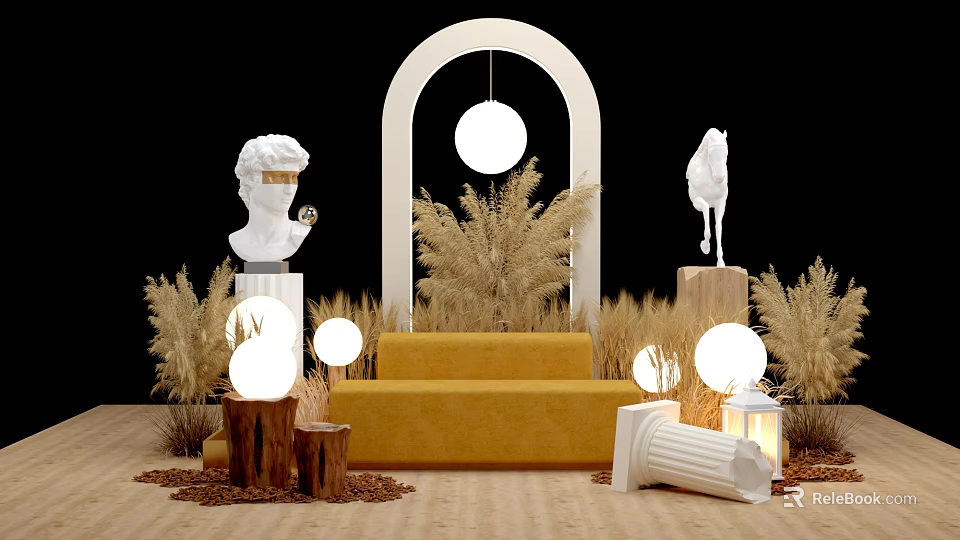 Interactive Zone Featuring Arched Structure Round Pendant Lights Yellow Sofa Statues And Dried Grasses 3d model