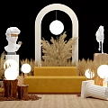 Interactive Zone Featuring Arched Structure Round Pendant Lights Yellow Sofa Statues And Dried Grasses 3d model