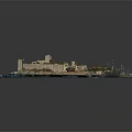 Ancient Coastal Fortress Architecture Model With Surrounding Waters Green Vegetation And Harbor