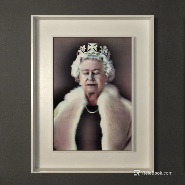 Detailed Portrait Painting of Queen Wearing Fur Coat and Crown Framed 3d model 