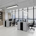 Modern Office Interior Design Featuring Large Windows City View Desk Chairs Bookshelves And Green Plants