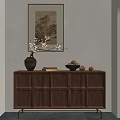 Modern Entryway Console Cabinet In Walnut With Vase Flowering Branches Books Bowl And Landscape Painting