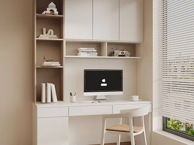 Modern Home Office Interior With White Desk Bookshelf Computer Monitor And Window Blinds 3d model
