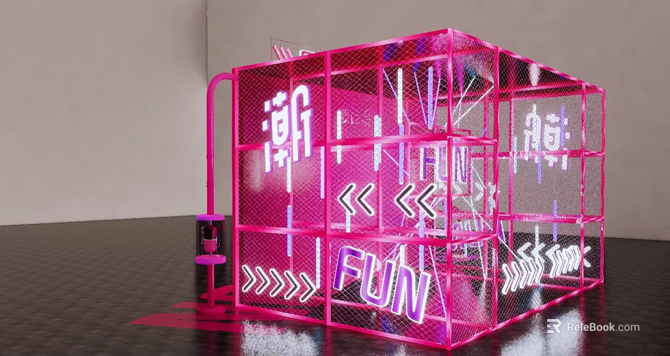 Vibrant Pink Grid Installation with Neon Lights and Trendy FUN Designs 3d model 