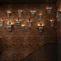 Rustic Bar Interior With Bricked Wall Dark Wooden Paneling And Wall Sconces