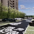 Eco Friendly Parking Lot With Green Trees And Decorative Ground Patterns Near High Rise Buildings