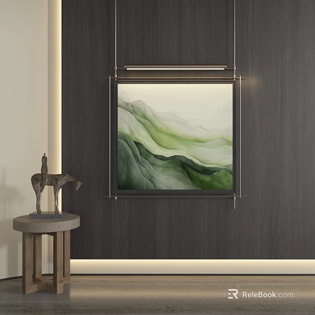 Abstract Painting With Green White Waves On Dark Wood Wall Metallic Frame And Horse Sculpture 3d model 