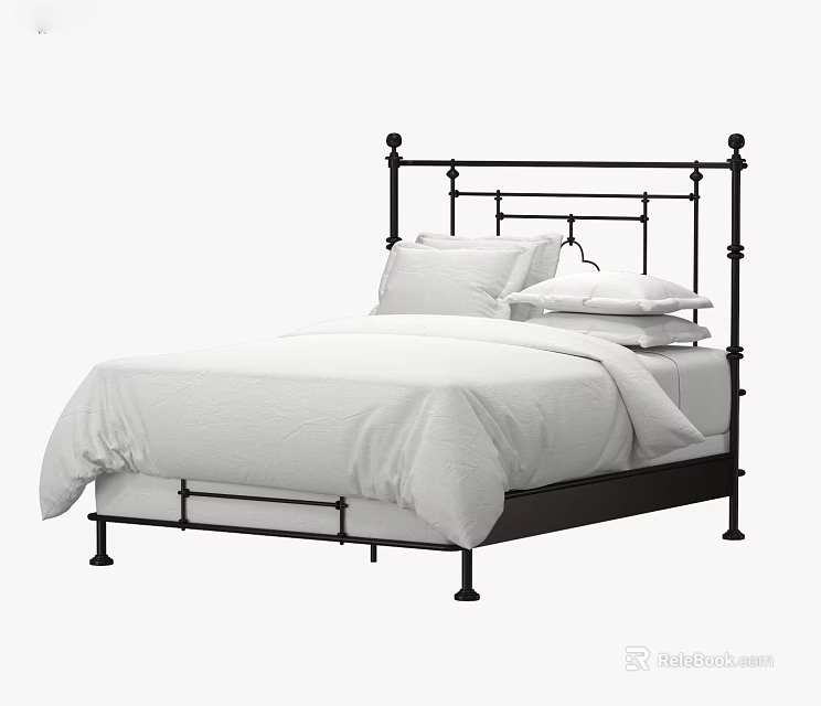 Modern Black Metal Frame Double Bed With White Sheets And Pillows 3d model 