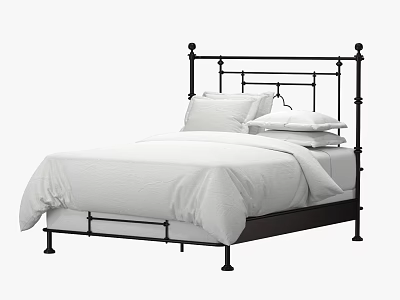 Modern Black Metal Frame Double Bed With White Sheets And Pillows 3d model