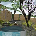 Japanese Onsen Hot Spring Pool With Rocks And Red Leaf Trees