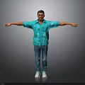Man In Blue Palm Tree Shirt With Blue Jeans And White Sneakers Arms Outstretched