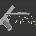 Silver Modern Pistol With Holster And Scattered Bullets On Black Surface 3d model