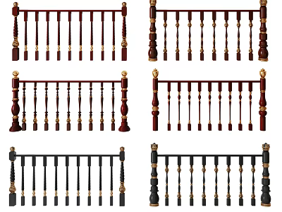 Decorative Fence Railings With Various Designs Red Black And Gold Accents 3d model