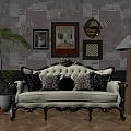 Ornate Single Sofa With Colorful Decorative Pillows And Framed Artworks On Patterned Wallpaper