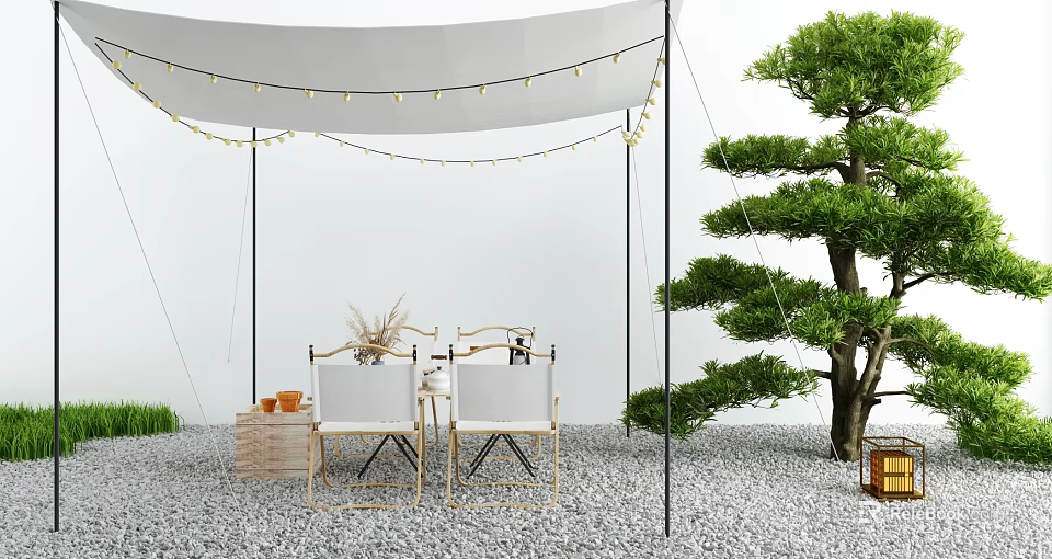 Garden Decor Featuring White Canopy String Lights White Chairs Gold Frames And Potted Pine Tree 3d model