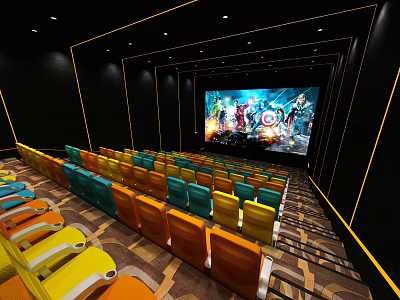 Modern Cinema With Multicolored Seats Large Screen And Comfortable Interior Design 3d model