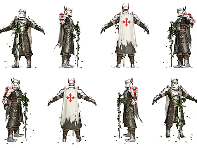 Game Movie Character Knight Armor with Red Cross Symbol Vine Decor and Cloak Multiple Angles 3d model