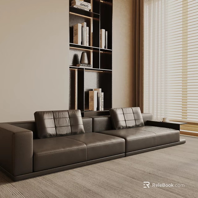 Modern Leather Three Seater Sofa With Tufted Cushions Near Bookshelf And Window Blinds 3d model 
