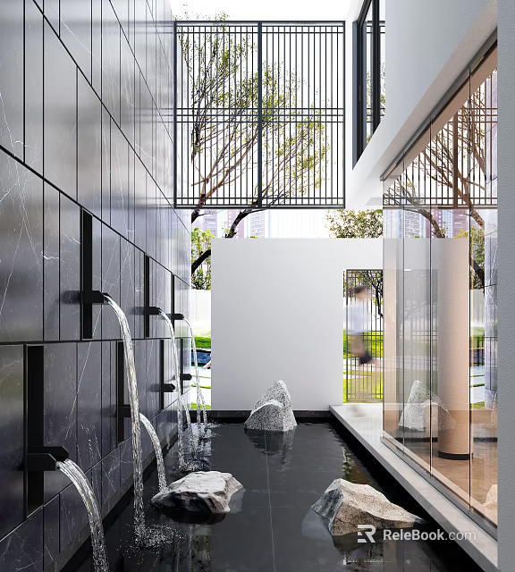 Modern Garden Landscape With Black Marble Walls Water Features Metal Grilles And Greenery 3d model 