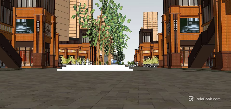 Modern Commercial Street With Tall Buildings Green Trees Storefronts And Pedestrian Square 3d model 