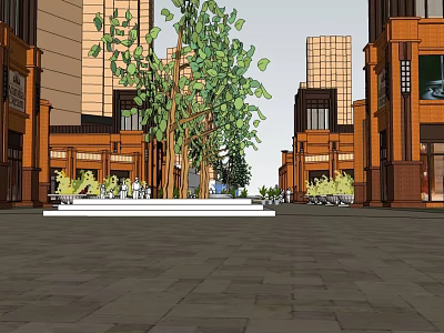 Modern Commercial Street With Tall Buildings Green Trees Storefronts And Pedestrian Square 3d model