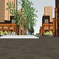 Modern Commercial Street With Tall Buildings Green Trees Storefronts And Pedestrian Square