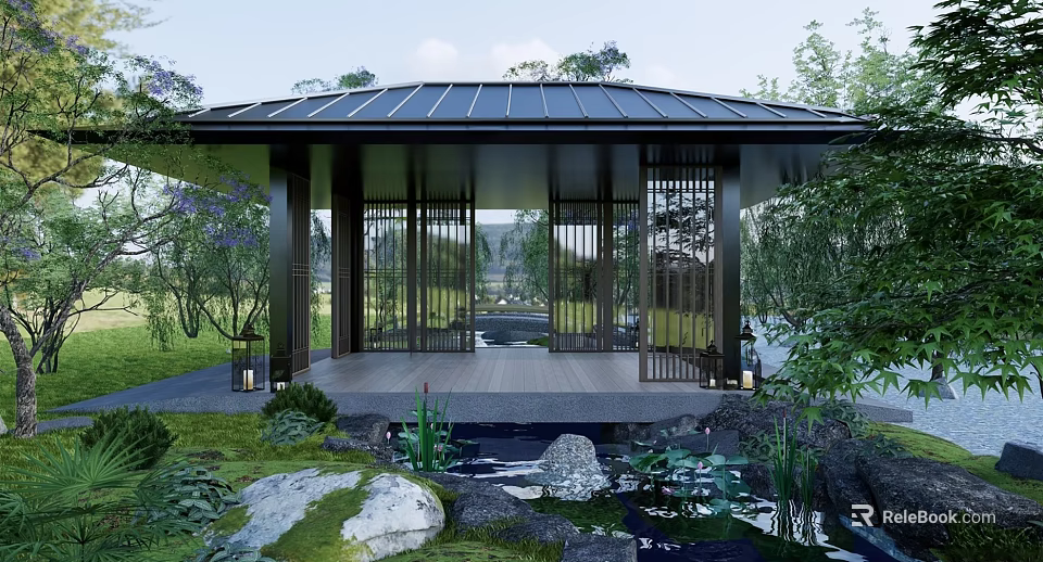 Traditional Garden Pavilion With Black Roof Wooden Lattice Doors Green Plants And Water Feature 3d model 