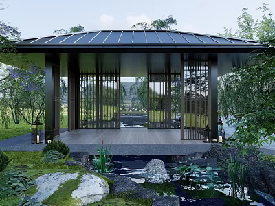 Traditional Garden Pavilion With Black Roof Wooden Lattice Doors Green Plants And Water Feature 3d model