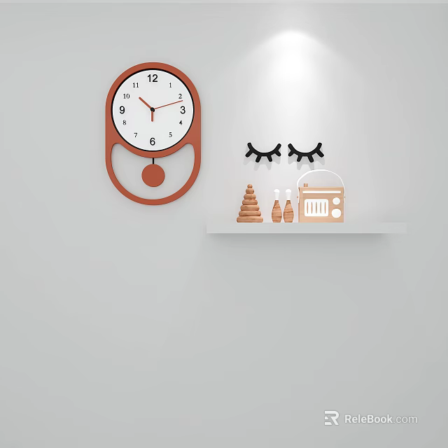 Brown Frame Round Wall Clock On White Wall With Shelf Eyelash Decor And Small Bottles 3d model 
