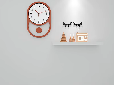 Brown Frame Round Wall Clock On White Wall With Shelf Eyelash Decor And Small Bottles 3d model