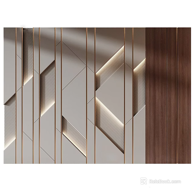 Modern Wall Interior Design With Geometric Patterns Golden Lines And Wooden Panel 3d model 