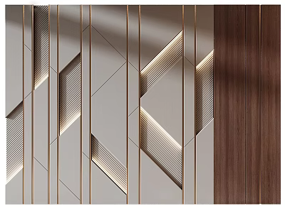 Modern Wall Interior Design With Geometric Patterns Golden Lines And Wooden Panel 3d model