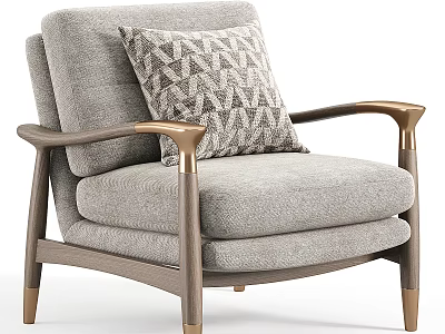 Elegant Modern Gray Fabric Armchair With Gold Metal Arms And Geometric Pattern Pillow 3d model