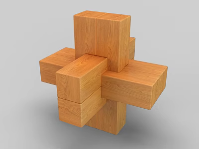 Wooden Cross Shaped Component With Joined Blocks And Natural Wood Grain 3d model